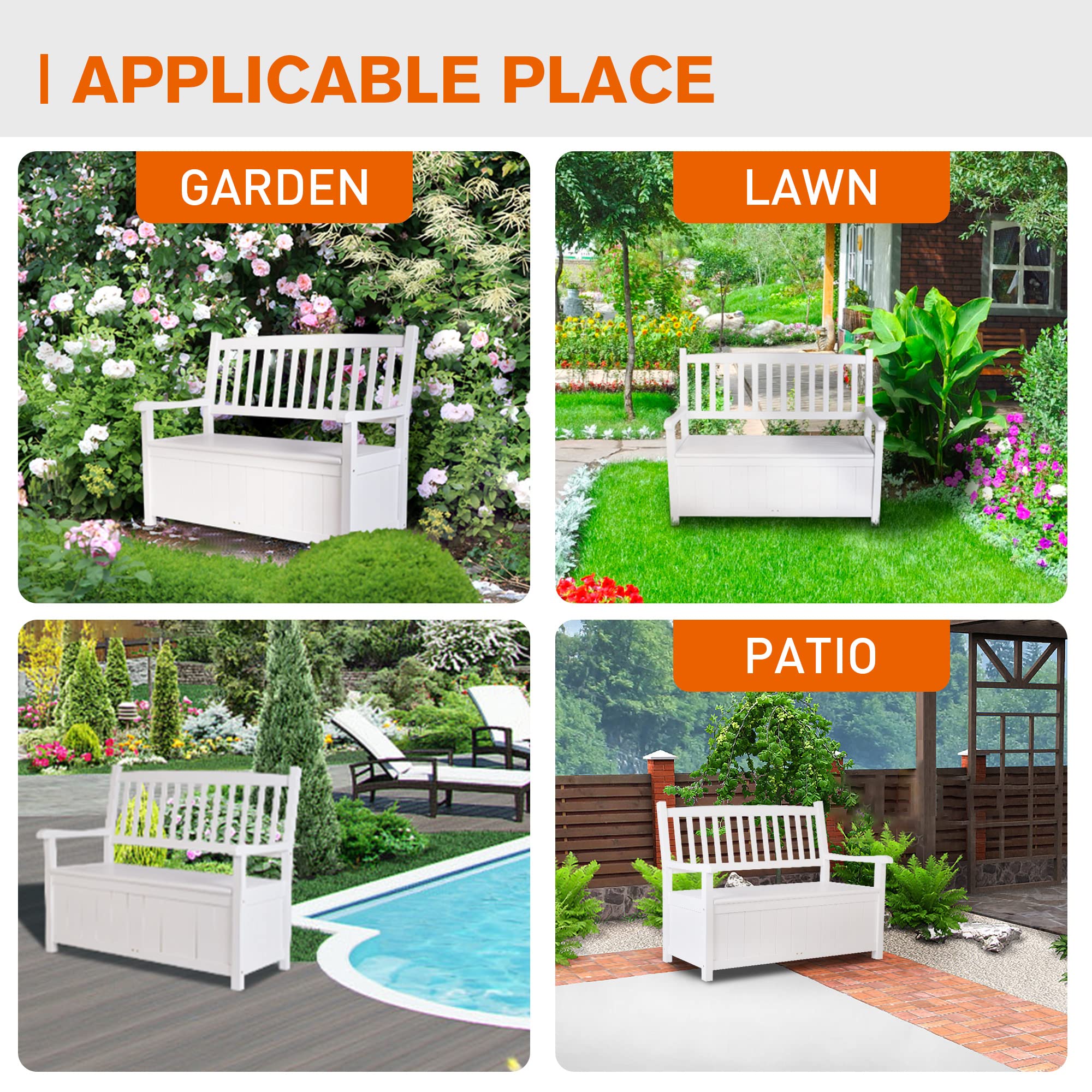 Outdoor Storage Bench Loveseat Deck Box Bench with Arm Back Patio Furniture 2-Seat Container Solid Wood for Garden Tools & Pool Toys Deck Storage Bench for Patio Garden Storage Porch White 450lbs