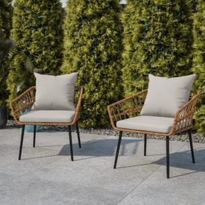 Flash Furniture Evin Set of 2 Boho Indoor/Outdoor Patio Chairs - Natural Finish Faux Rattan Wicker - Gray All-Weather Cushions - Integrated Armrests