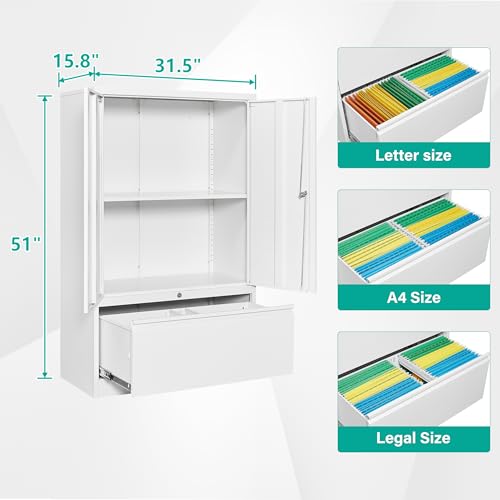 SISESOL Metal Storage Cabinet with Drawer,White File Cabinets, Locking Steel Storage Cabinet with Doors and Shelves for Home,Office,Warehouse,Garage,School,Fit A4/Letter/Legal File (1 Drawer)