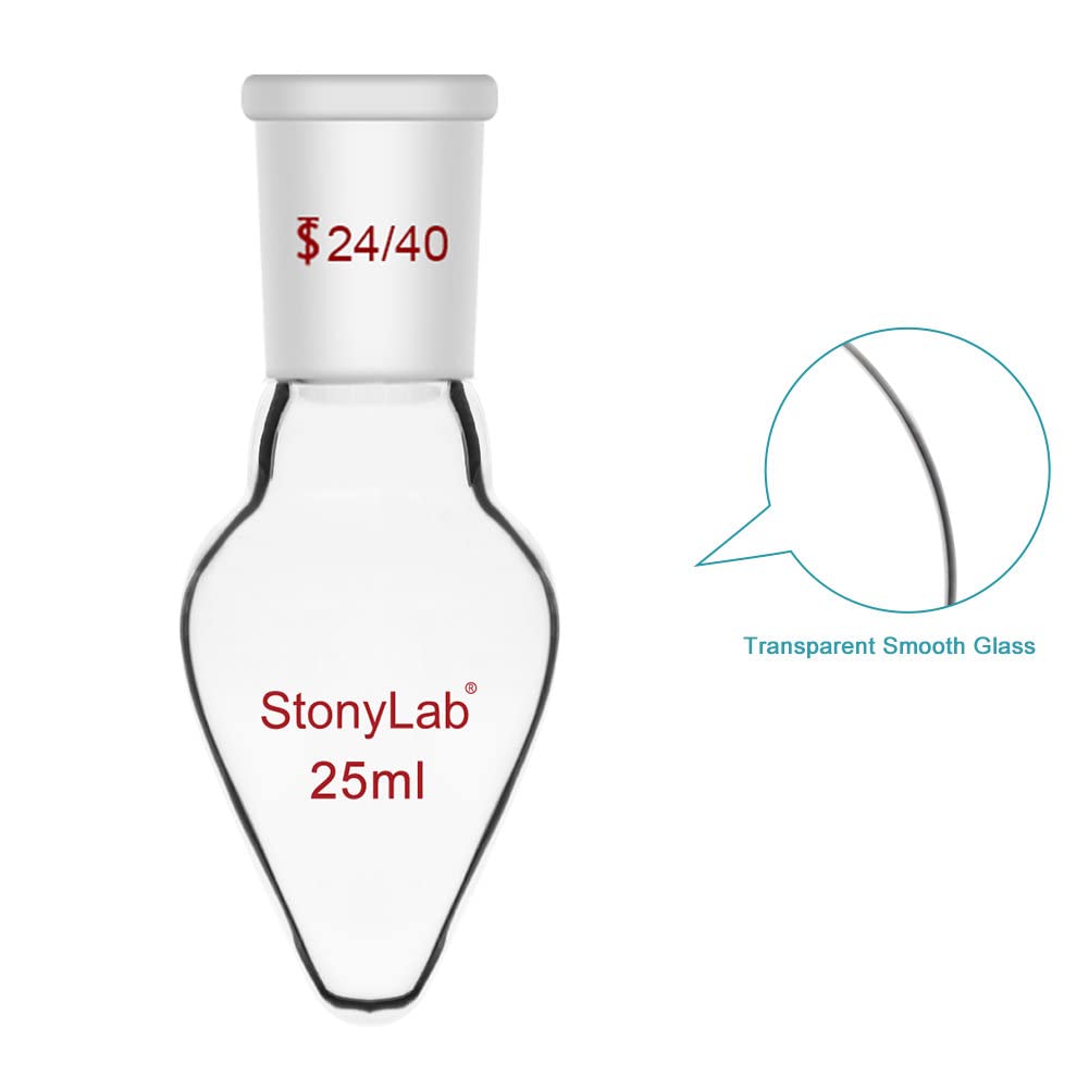 stonylab Recovery Flask, Heavy Wall Single Neck Borosilicate Glass Rotary Evaporator Flask with 24/40 Standard Taper Outer Joint, Pear-Shaped Lab Flask, 25 ml