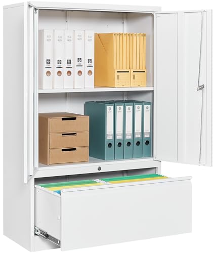 SISESOL Metal Storage Cabinet with Drawer,White File Cabinets, Locking Steel Storage Cabinet with Doors and Shelves for Home,Office,Warehouse,Garage,School,Fit A4/Letter/Legal File (1 Drawer)