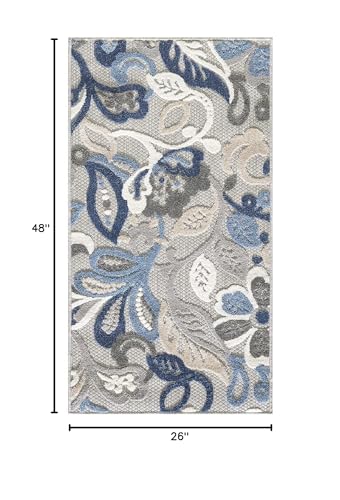 HomeRoots 2’ x 4’ Blue Gray Jacobean Floral Indoor Outdoor Area Rug