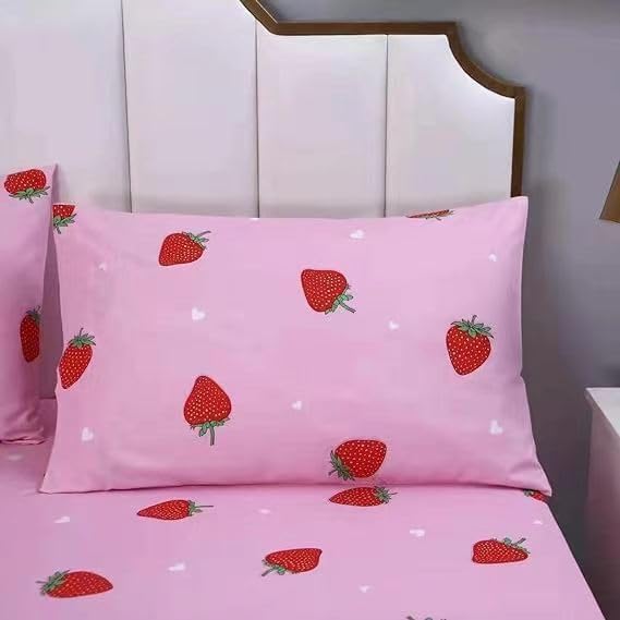 SDY 4PCS Strawberry Bedding Sheets,Queen Size Red and Pink Strawberry Print Sheet Set with 1 Kawaii Top Flat Sheet + 1 Deep Pocket Fitted Sheet + 2 Pillowcases for Teen Girls