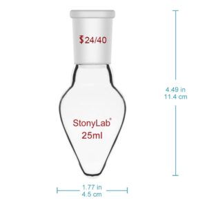 stonylab Recovery Flask, Heavy Wall Single Neck Borosilicate Glass Rotary Evaporator Flask with 24/40 Standard Taper Outer Joint, Pear-Shaped Lab Flask, 25 ml