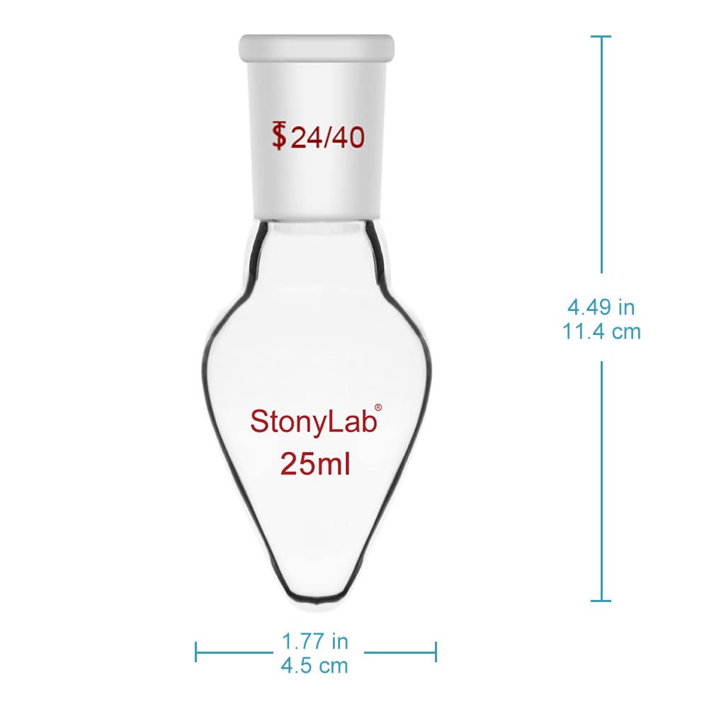 stonylab Recovery Flask, Heavy Wall Single Neck Borosilicate Glass Rotary Evaporator Flask with 24/40 Standard Taper Outer Joint, Pear-Shaped Lab Flask, 25 ml