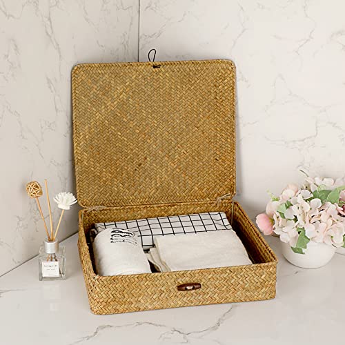 Hipiwe Flat Wicker Storage Basket Bins With Lid Large Seagrass Woven Shelf Basket Rectangular Home Decor Oraganizer Basket Boxes for Closet Bathroom Shelf Organizing, Caramel