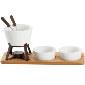 sizikato white porcelain chocolate fondue set, with 2 fruit fork and 2 small bowl and wood tray, 10 oz