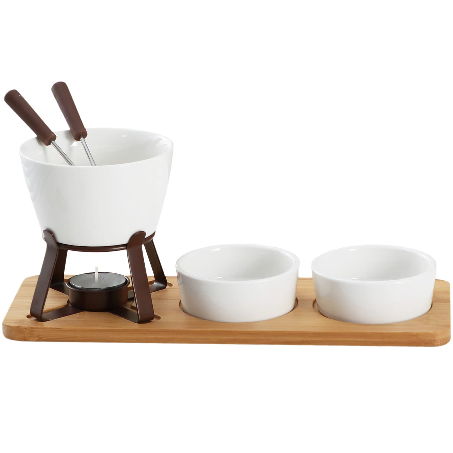 Sizikato White Porcelain Chocolate Fondue Set, with 2 Fruit Fork and 2 Small Bowl and Wood Tray, 10 Oz