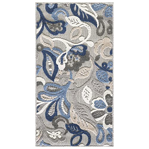 HomeRoots 2’ x 4’ Blue Gray Jacobean Floral Indoor Outdoor Area Rug