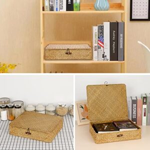 Hipiwe Flat Wicker Storage Basket Bins With Lid Large Seagrass Woven Shelf Basket Rectangular Home Decor Oraganizer Basket Boxes for Closet Bathroom Shelf Organizing, Caramel