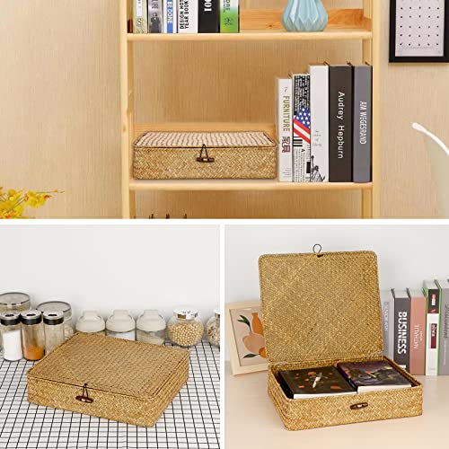 Hipiwe Flat Wicker Storage Basket Bins With Lid Large Seagrass Woven Shelf Basket Rectangular Home Decor Oraganizer Basket Boxes for Closet Bathroom Shelf Organizing, Caramel