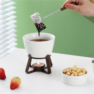 Sizikato White Porcelain Chocolate Fondue Set, with 2 Fruit Fork and 2 Small Bowl and Wood Tray, 10 Oz