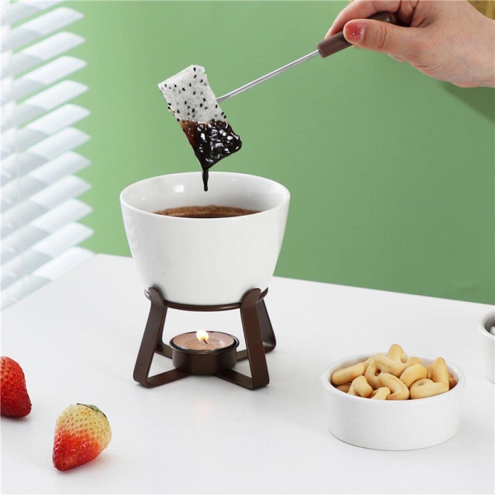 Sizikato White Porcelain Chocolate Fondue Set, with 2 Fruit Fork and 2 Small Bowl and Wood Tray, 10 Oz