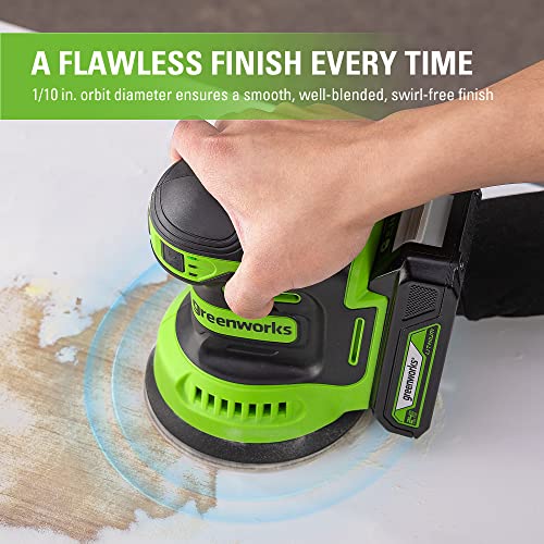 Greenworks 24V Orbital Sander Kit, 5" Random Sander Variable Speed, 2Ah Battery and Charger Included