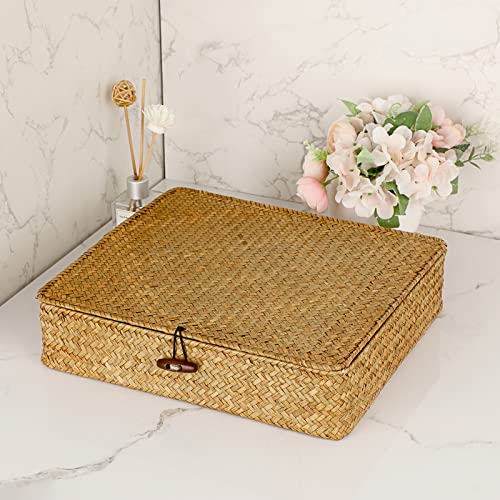 Hipiwe Flat Wicker Storage Basket Bins With Lid Large Seagrass Woven Shelf Basket Rectangular Home Decor Oraganizer Basket Boxes for Closet Bathroom Shelf Organizing, Caramel