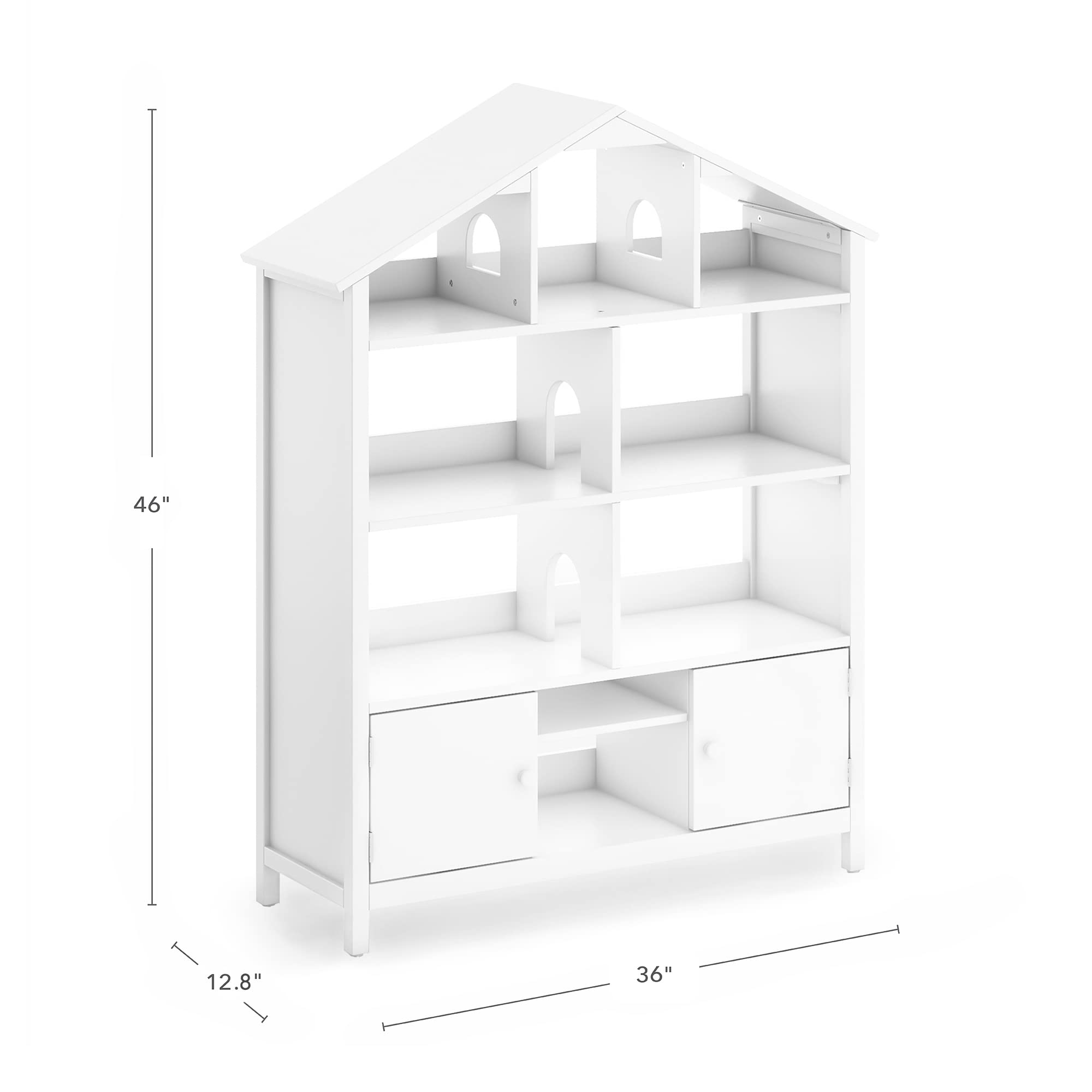 Martha Stewart Kids Jr. Dollhouse Bookcase - Creamy White: Wooden Organizer Shelves with Two Storage Compartments for Books, Dolls, Toys, and School Supplies | Children's Bedroom Furniture - Ages 3-8