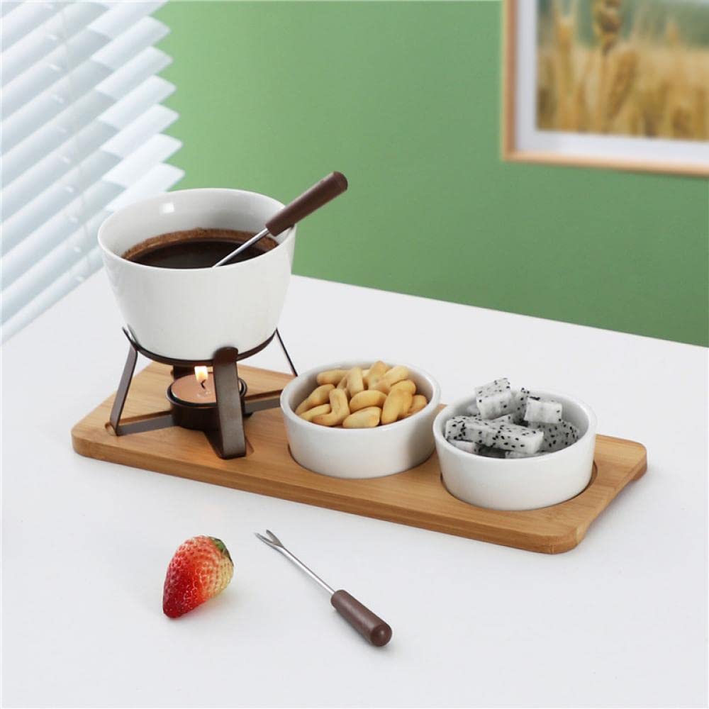 Sizikato White Porcelain Chocolate Fondue Set, with 2 Fruit Fork and 2 Small Bowl and Wood Tray, 10 Oz