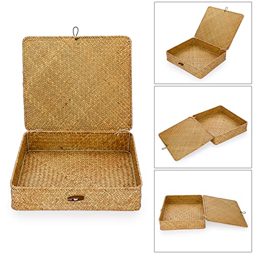 Hipiwe Flat Wicker Storage Basket Bins With Lid Large Seagrass Woven Shelf Basket Rectangular Home Decor Oraganizer Basket Boxes for Closet Bathroom Shelf Organizing, Caramel