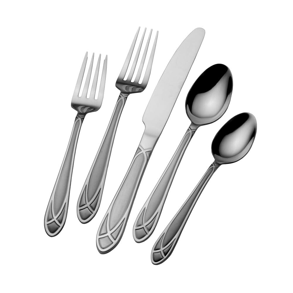 Pfaltzgraff Mirage Frost Everyday Flatware Service for 8, 42 Piece Set, 18/0 Stainless Steel, Silverware Set with Serving Utensils and Caddy