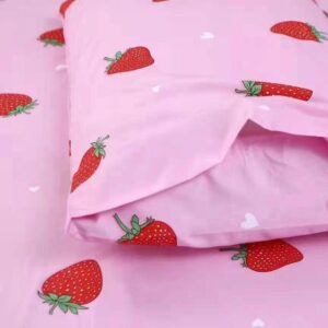 SDY 4PCS Strawberry Bedding Sheets,Queen Size Red and Pink Strawberry Print Sheet Set with 1 Kawaii Top Flat Sheet + 1 Deep Pocket Fitted Sheet + 2 Pillowcases for Teen Girls