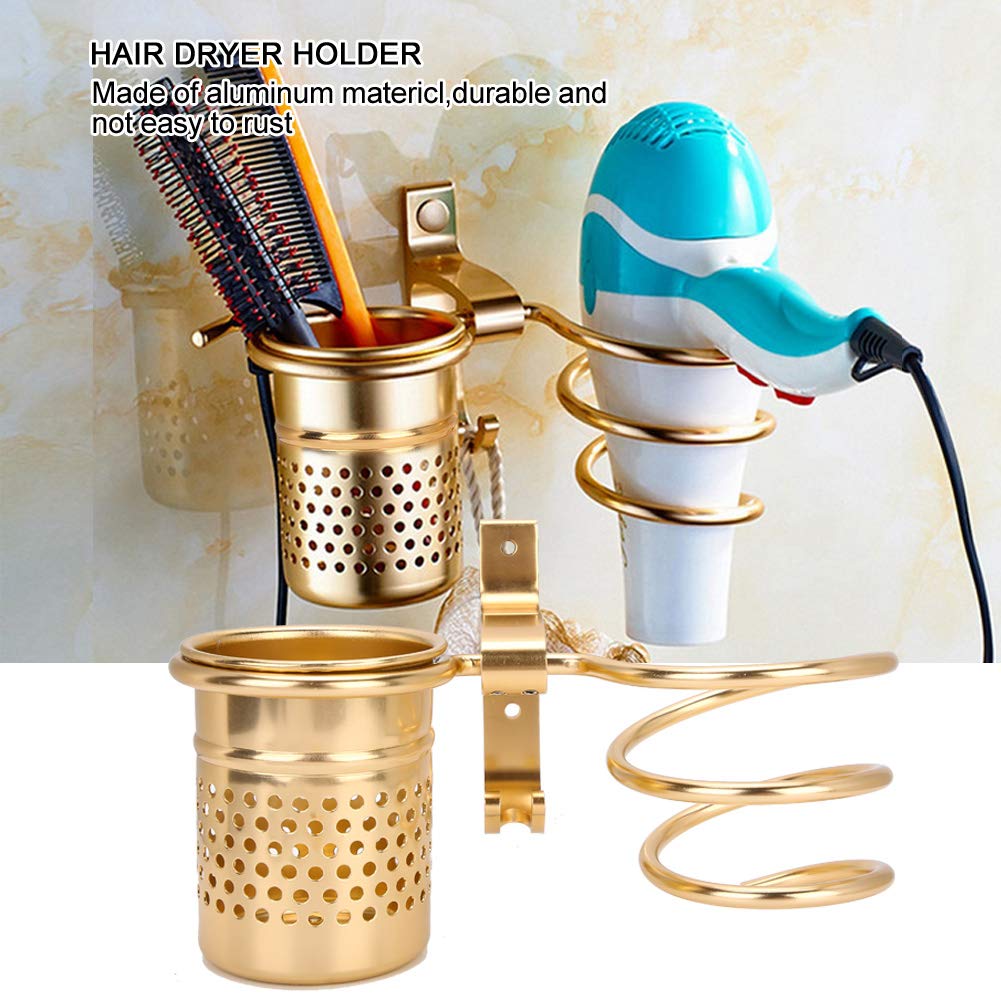 Hair Dryer Holder with Aluminum Storage Holder Wall Mount Hair Dryer Holder Wall Phone Holder with Fixing Screws for Hair Dryer, Hair Straightener(Gold)