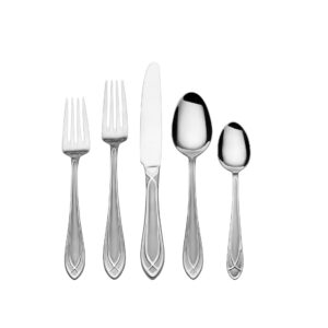 Pfaltzgraff Mirage Frost Everyday Flatware Service for 8, 42 Piece Set, 18/0 Stainless Steel, Silverware Set with Serving Utensils and Caddy