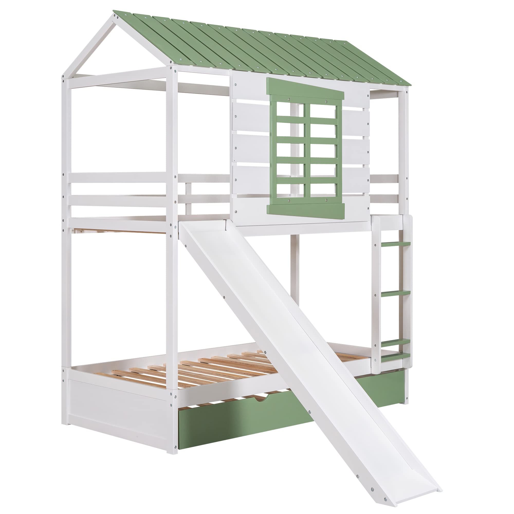 MERITLINE House Bunk Beds with Slide for Kids, Wood Twin Over Twin Bunk Beds with Trundle and Convertible Slide,Slide Playhouse Bed for Girls Boys, White+Green