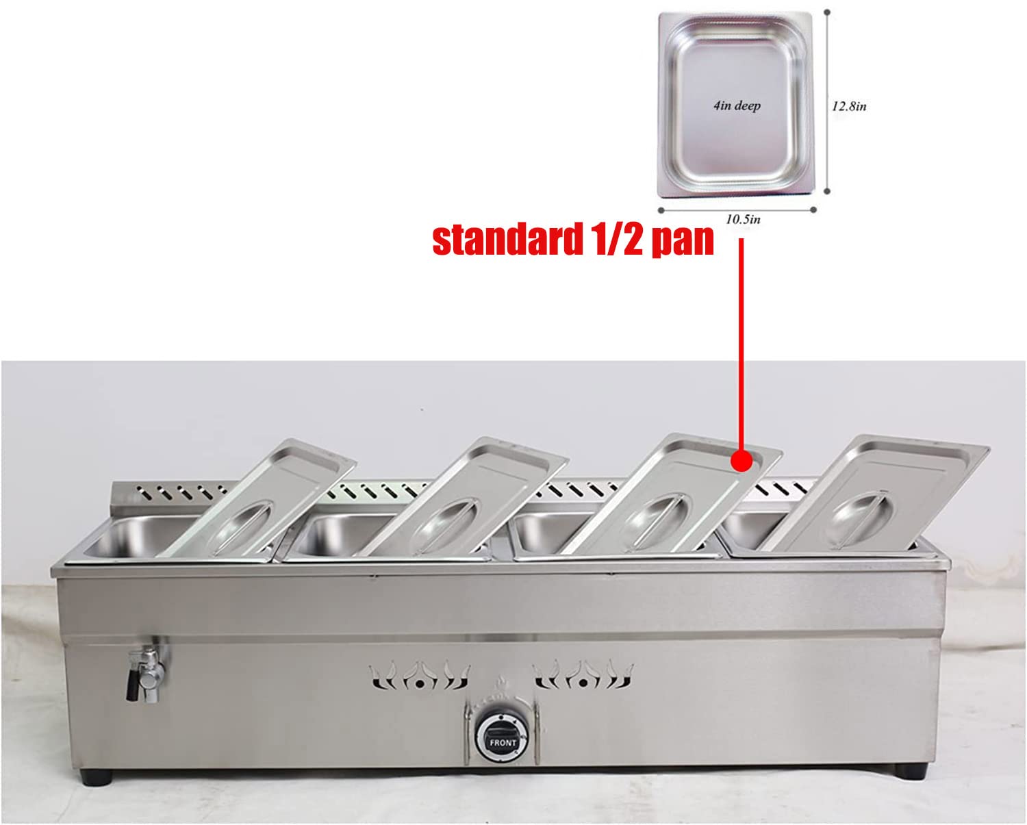 INTBUYING LP Gas Food Soup Warmer Propane Gas Stove Bain-Marie Commercial Canteen Buffet Steam Heater Stainless Steel with Gas Regulator Valve 12''x8.7''x4''Pan-4 Pans Single Row