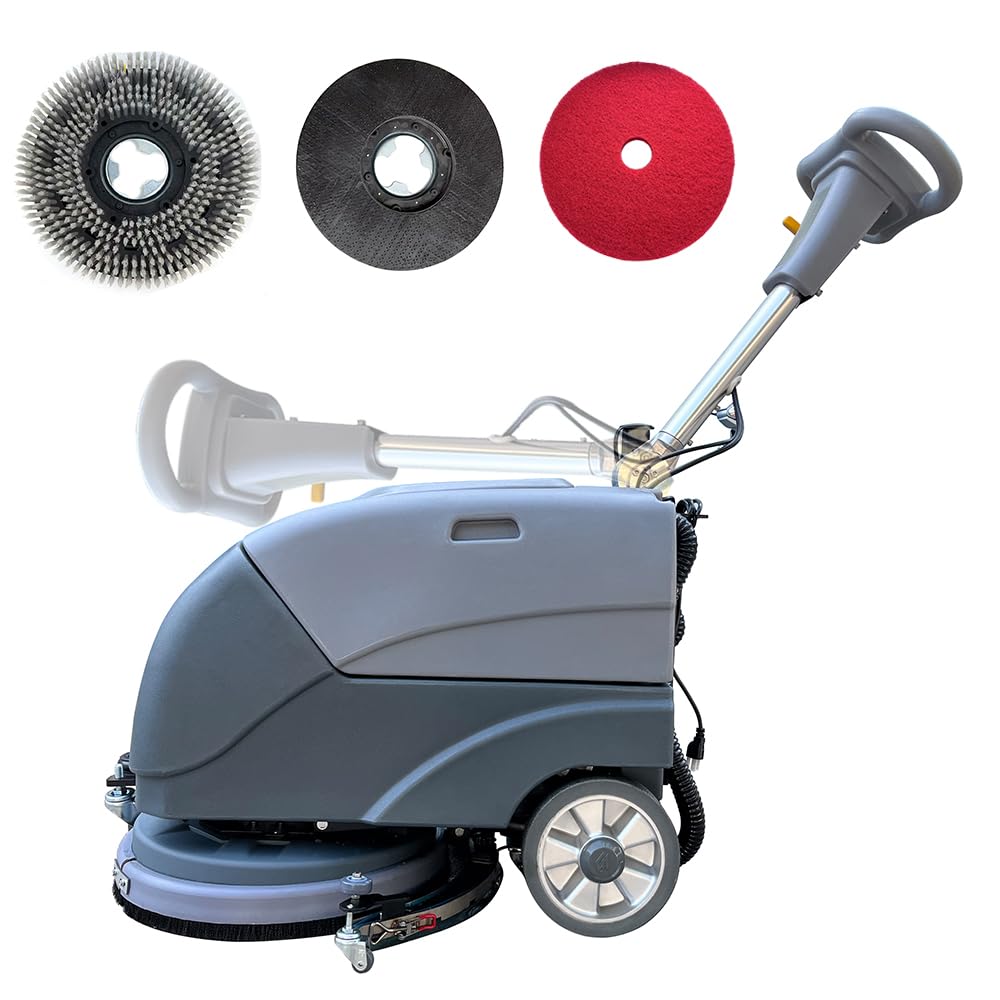 Emotor 15'' Foldable Walk Behind Hand Push Floor Scrubber Machine for Industrial Commercial Use, Upgrade Automatic Water Flow, Machine Size 32"X18"X25"(Gray)