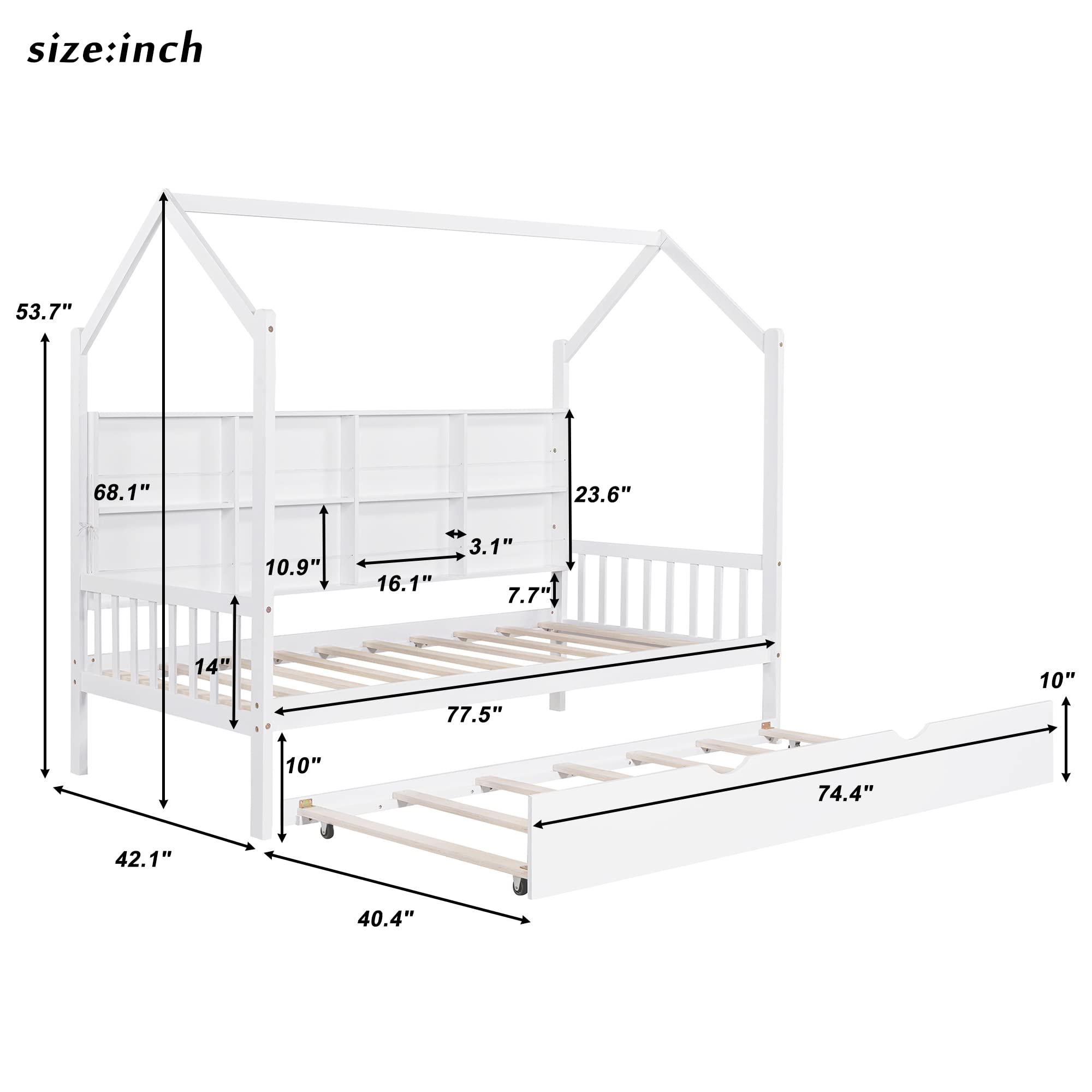 DEINPPA Twin House Bed with Shelf, Twin Bed Frame with Trundle & Guardrail for Kids Children Toddlers, No Box Spring Needed