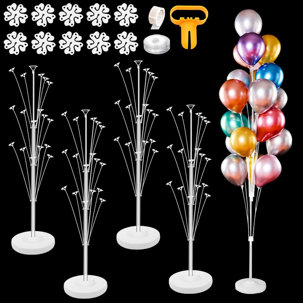 4 Set Balloon Column Stand Kit 5 FT, Balloon Flower Clips, Balloon Decorating Strips, Glue Points, Knotter for Birthday Baby Shower Wedding Graduation Christmas Bachelorette Holiday Party