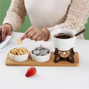 Sizikato White Porcelain Chocolate Fondue Set, with 2 Fruit Fork and 2 Small Bowl and Wood Tray, 10 Oz