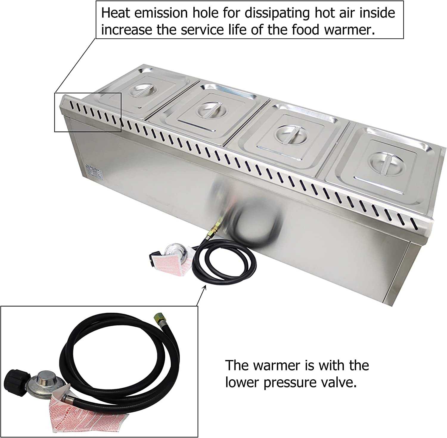 INTBUYING LP Gas Food Soup Warmer Propane Gas Stove Bain-Marie Commercial Canteen Buffet Steam Heater Stainless Steel with Gas Regulator Valve 12''x8.7''x4''Pan-4 Pans Single Row