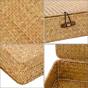 Hipiwe Flat Wicker Storage Basket Bins With Lid Large Seagrass Woven Shelf Basket Rectangular Home Decor Oraganizer Basket Boxes for Closet Bathroom Shelf Organizing, Caramel