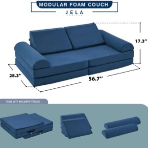 jela Kids Couch Large, Floor Sofa Modular Funiture for Kids Adults, Playhouse Play Set for Toddlers Babies, Modular Foam Play Couch Indoor Outdoor (57"x28"x18", Navy Blue)