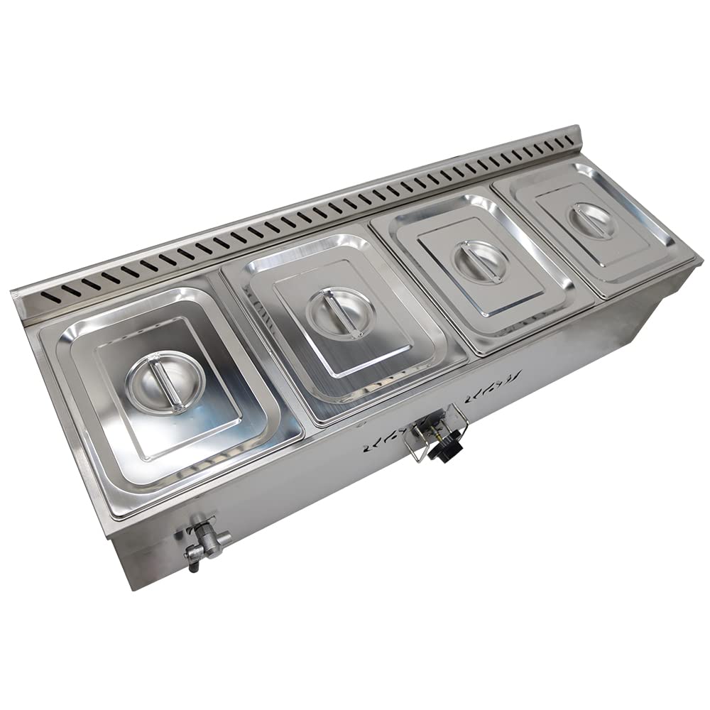 INTBUYING LP Gas Food Soup Warmer Propane Gas Stove Bain-Marie Commercial Canteen Buffet Steam Heater Stainless Steel with Gas Regulator Valve 12''x8.7''x4''Pan-4 Pans Single Row