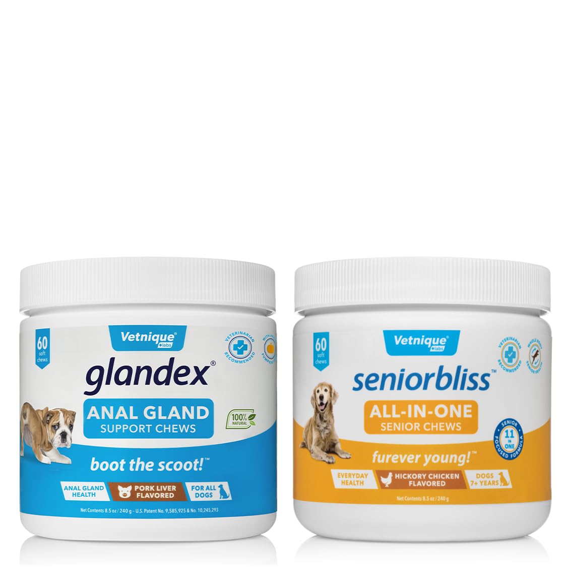 Vetnique Labs Seniorbliss All-in-One Multivitamin Chews for Senior Dogs (60ct) & Glandex Anal Gland Support Soft Chew Treats with Pumpkin for Dogs (60ct Pork) Bundle