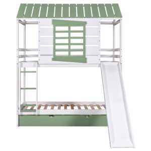 MERITLINE House Bunk Beds with Slide for Kids, Wood Twin Over Twin Bunk Beds with Trundle and Convertible Slide,Slide Playhouse Bed for Girls Boys, White+Green