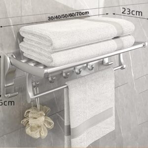 Bathroom Shelves Stud Mount Double Towel Rack Stainless Steel Constructed Rust-Proof Shelf with Built-in Bars and Hooks, Brushed Nickel Concealed Screw (Color : Silver, Size : 60cm)