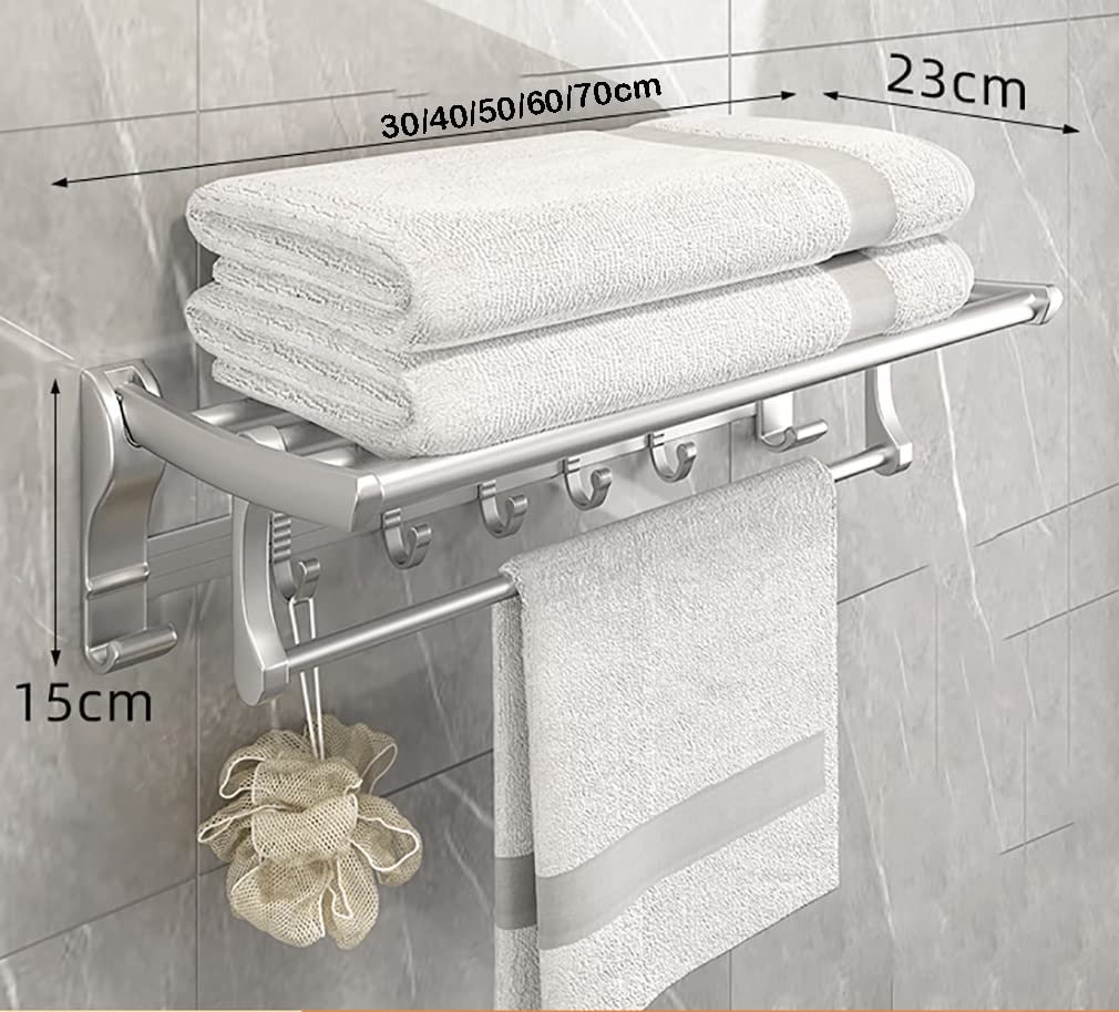 Bathroom Shelves Stud Mount Double Towel Rack Stainless Steel Constructed Rust-Proof Shelf with Built-in Bars and Hooks, Brushed Nickel Concealed Screw (Color : Silver, Size : 60cm)