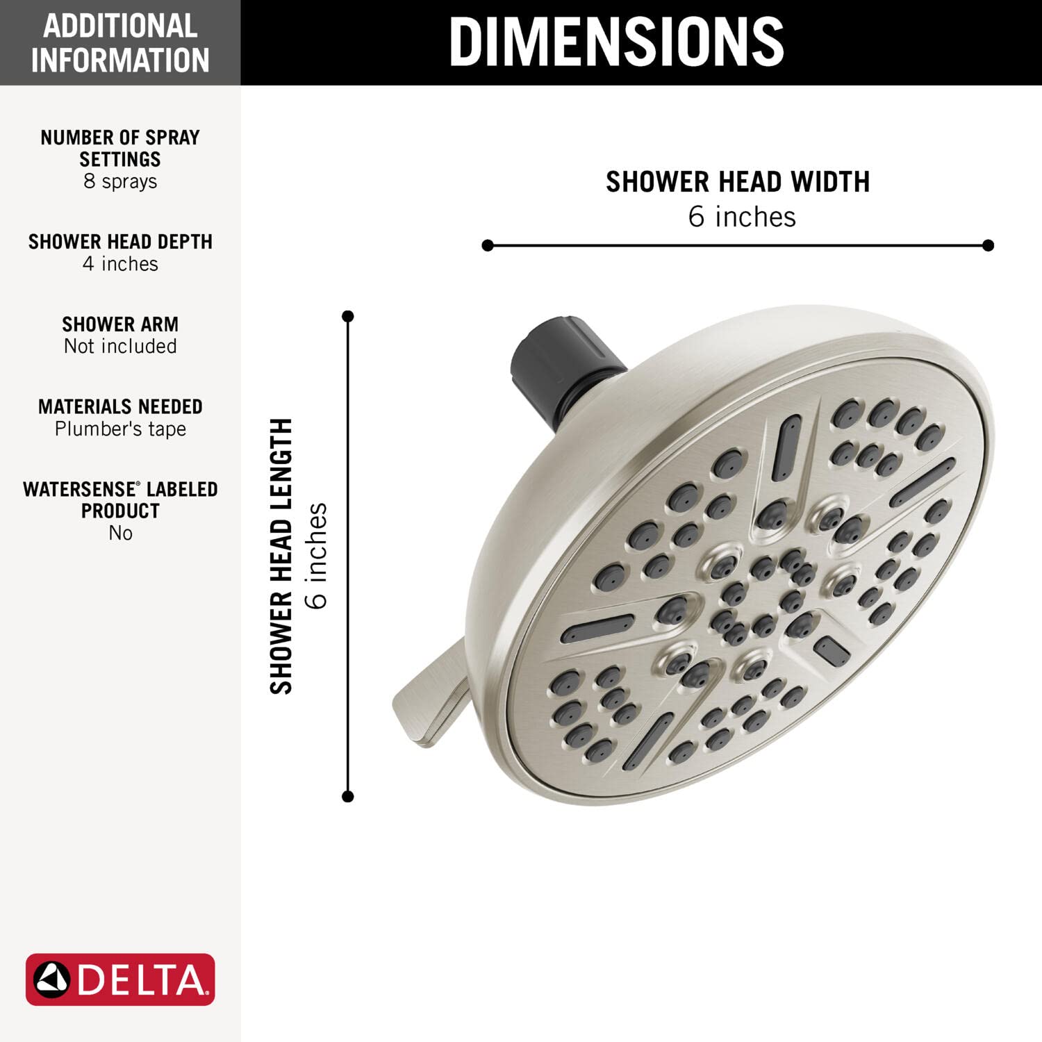 Delta Faucet 8-Spray Brushed Nickel Shower Head, Delta Shower Head Brushed Nickel, Showerheads, 2.5 GPM Flow Rate, SpotShield Satin Nickel 75898SN