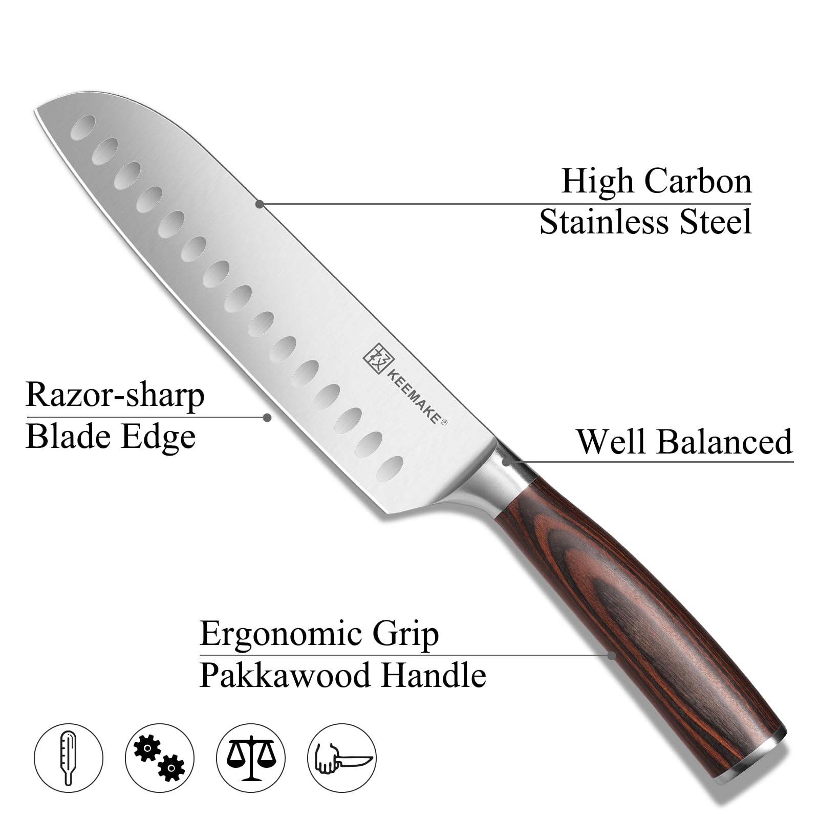 KEEMAKE Santoku Knife 7 inch, Japanese Chef Knife with German High Carbon Stainless Steel 1.4116 Chopping Knife, Kitchen Knife with Pakkawood Handle Knife for Kitchen Cutting Knife