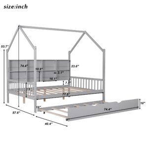 Merax Wood Full Multifunctional Montessori Daybed with Trundle/Storge Shelf Low Day Bed for Kids Boys Girls No Box Spring Needed Gray