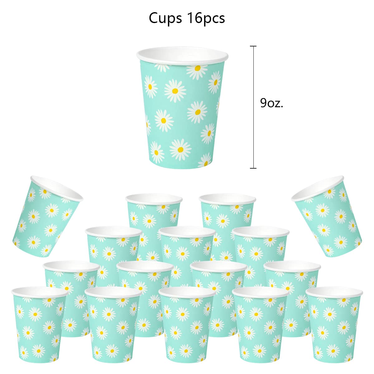 Daisy Birthday Party Decorations Tableware White Daisies Flowers Supplies Set of 16 Disposable Paper Plates Cups Napkins and a Tablecloth for Spring and Summer Theme Parties Baby & Bridal Shower