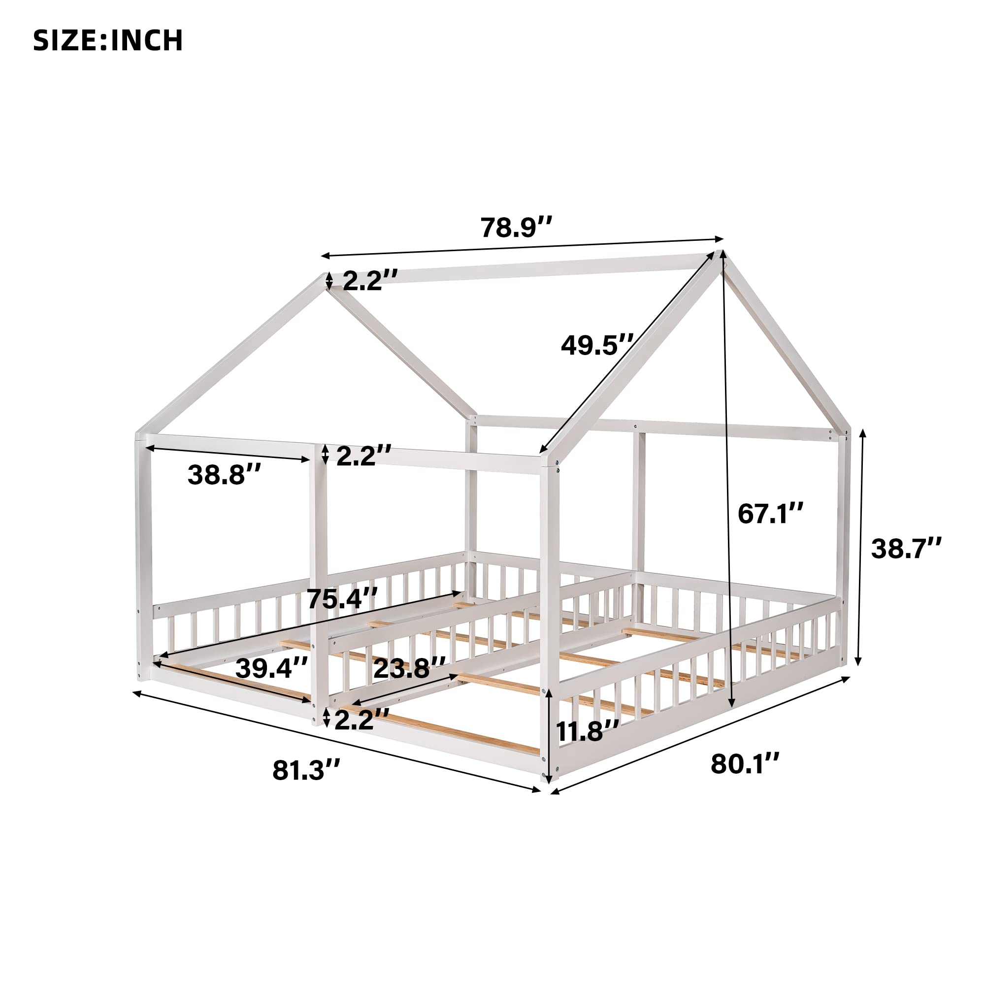 CKLMMC Twin Size House Platform Beds,Two Shared Beds, Wooden Bed Frame with Roof and Window, Bedroom Furniture, Can be Decorated Tent (White#Shared Bed)