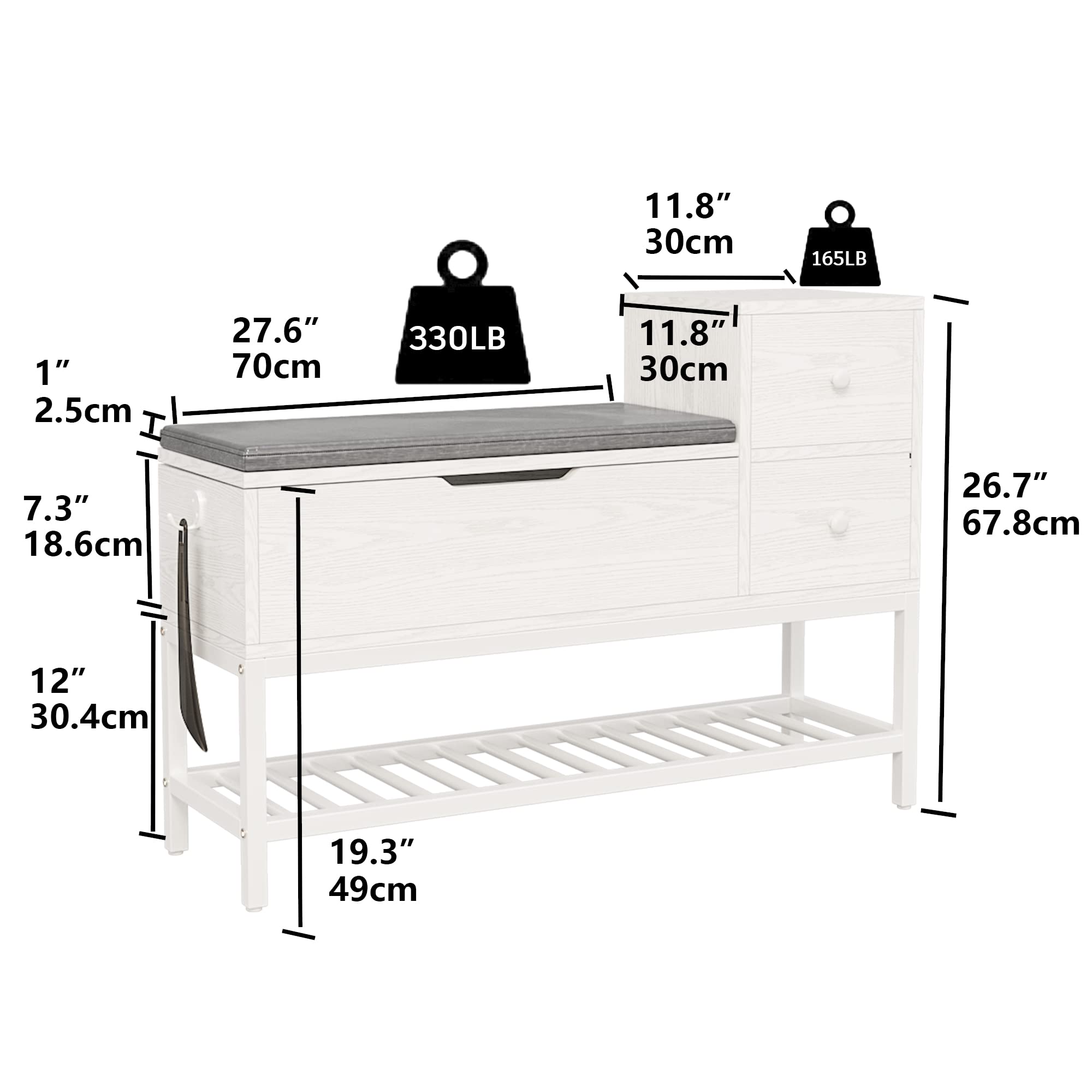 IRONCK Storage Bench, Entryway Shoe Bench with Flip Top Storage Space and 2 Drawers, Holds up to 330lb Shoe Rack with Removable Seat Cushion and Shoehorn for Entryway/Hallway(39.4in, White)