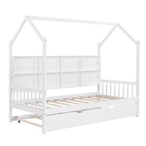 DEINPPA Twin House Bed with Shelf, Twin Bed Frame with Trundle & Guardrail for Kids Children Toddlers, No Box Spring Needed