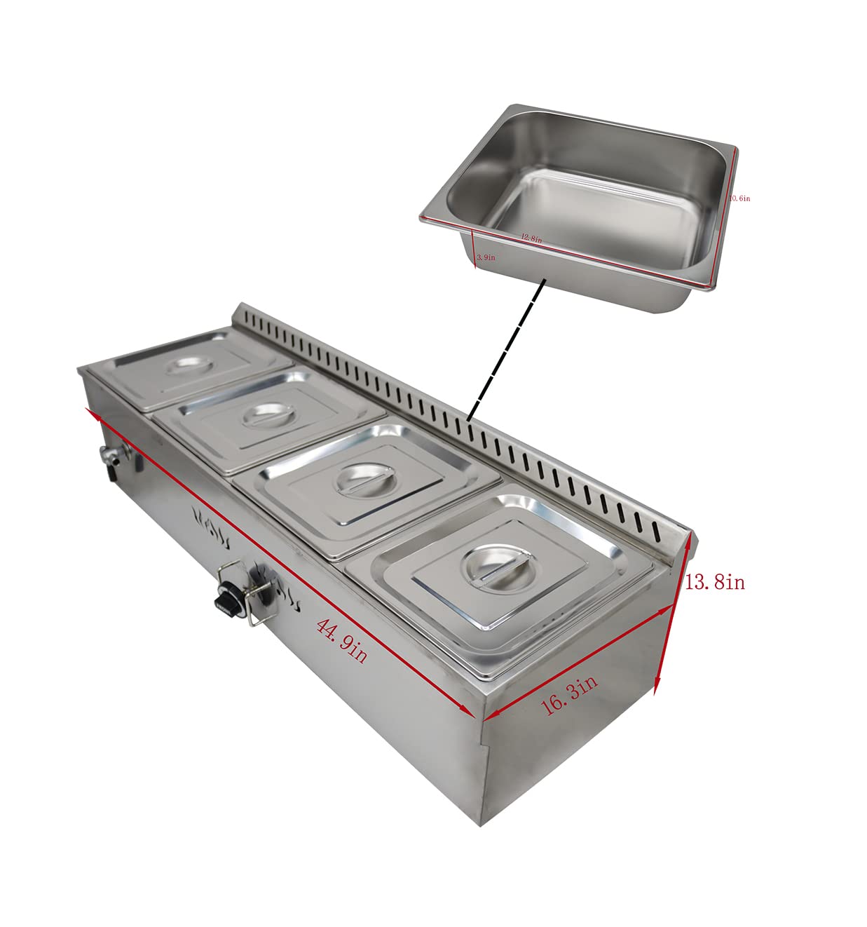 INTBUYING LP Gas Food Soup Warmer Propane Gas Stove Bain-Marie Commercial Canteen Buffet Steam Heater Stainless Steel with Gas Regulator Valve 12''x8.7''x4''Pan-4 Pans Single Row