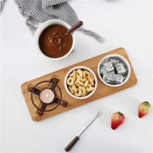 Sizikato White Porcelain Chocolate Fondue Set, with 2 Fruit Fork and 2 Small Bowl and Wood Tray, 10 Oz