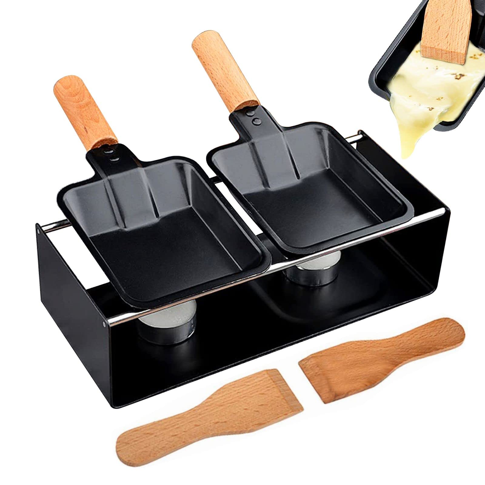 FantasyDay Mini Raclette Set,Two Grill Pan,Candlelight Cheese Melter Pan,Non Stick Rotaster Baking Tray Stove Set,Suitable for Cheese, Meat, Fish, and Vegetables（ not included candles）